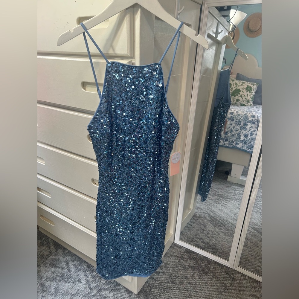 Blue Sequin Halter Sparkle Semi Formal Special Occasion Cocktail Dress✨